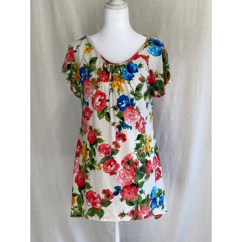 Womens Floral Tunic Top Cottagecore Rose Print Short Sleeve Keyhole Back